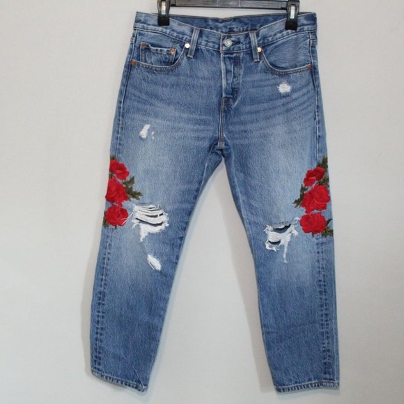 Levi's 501 T Floral Embroidered Tapered Jeans Medium Wash Women's Size 28 H11510 - Picture 2 of 12